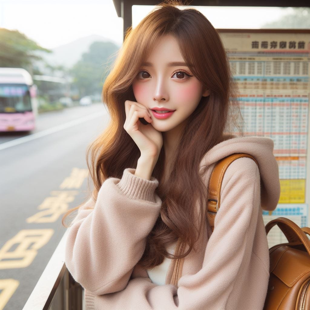 在鄉間的小公車站亭等公車的妹子