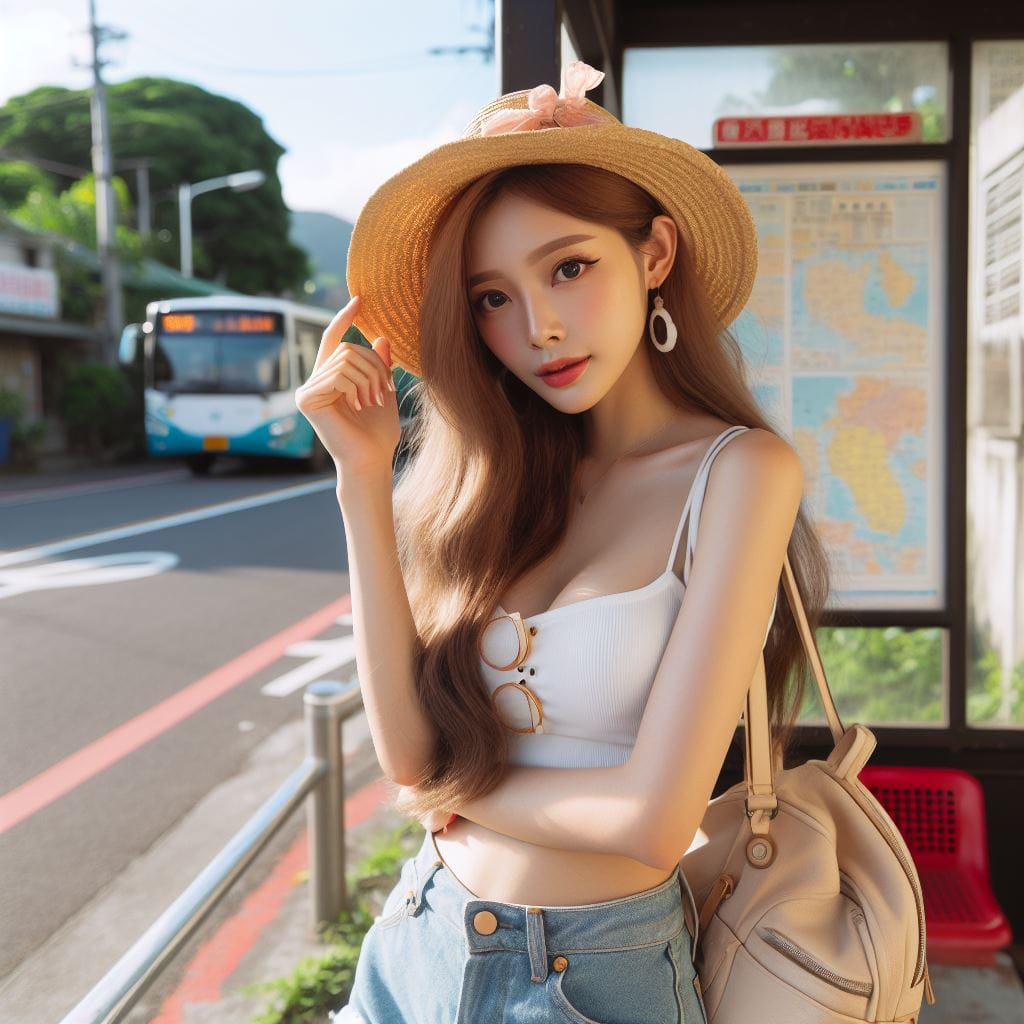 在鄉間的小公車站亭等公車的妹子