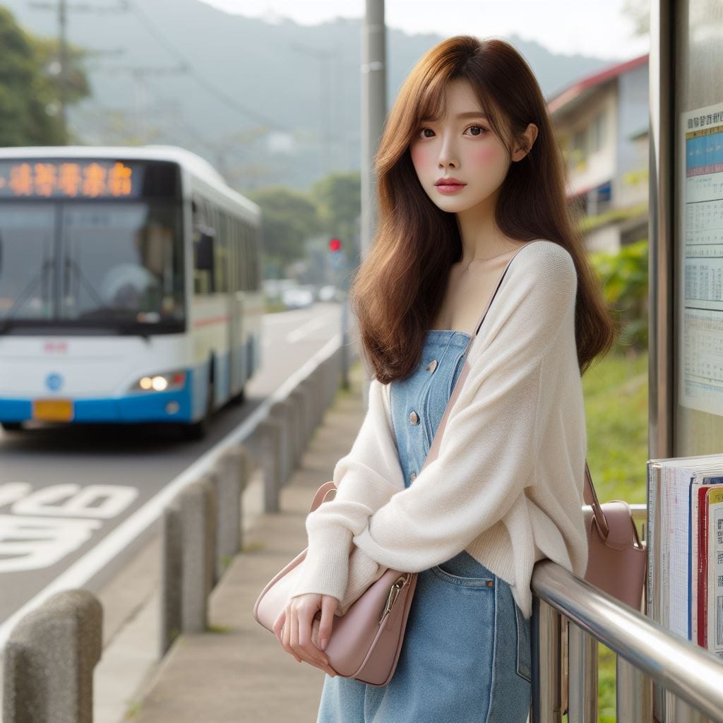 在鄉間的小公車站亭等公車的妹子