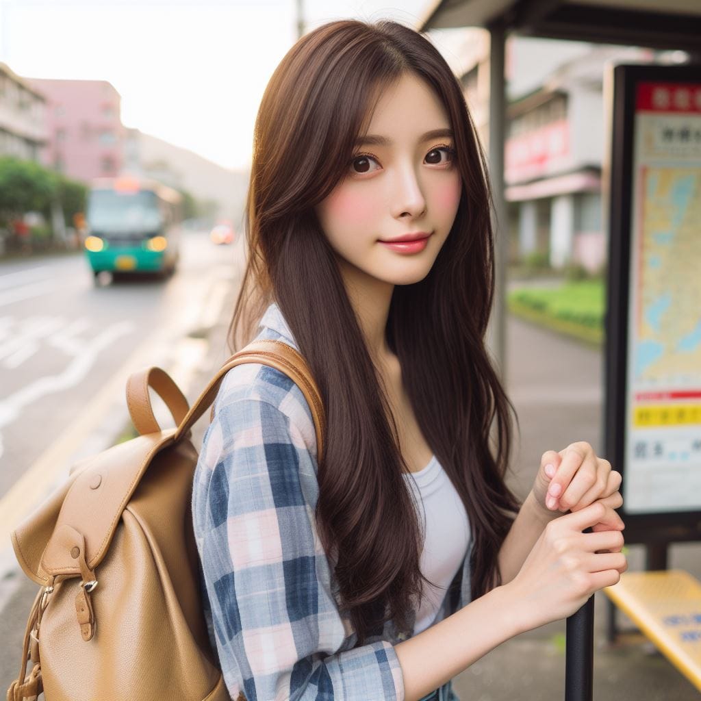 在鄉間的小公車站亭等公車的妹子