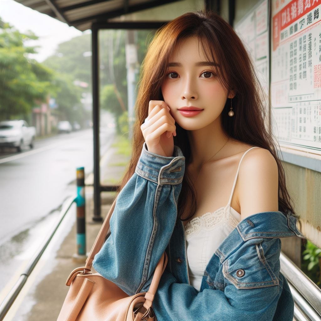 在鄉間的小公車站亭等公車的妹子
