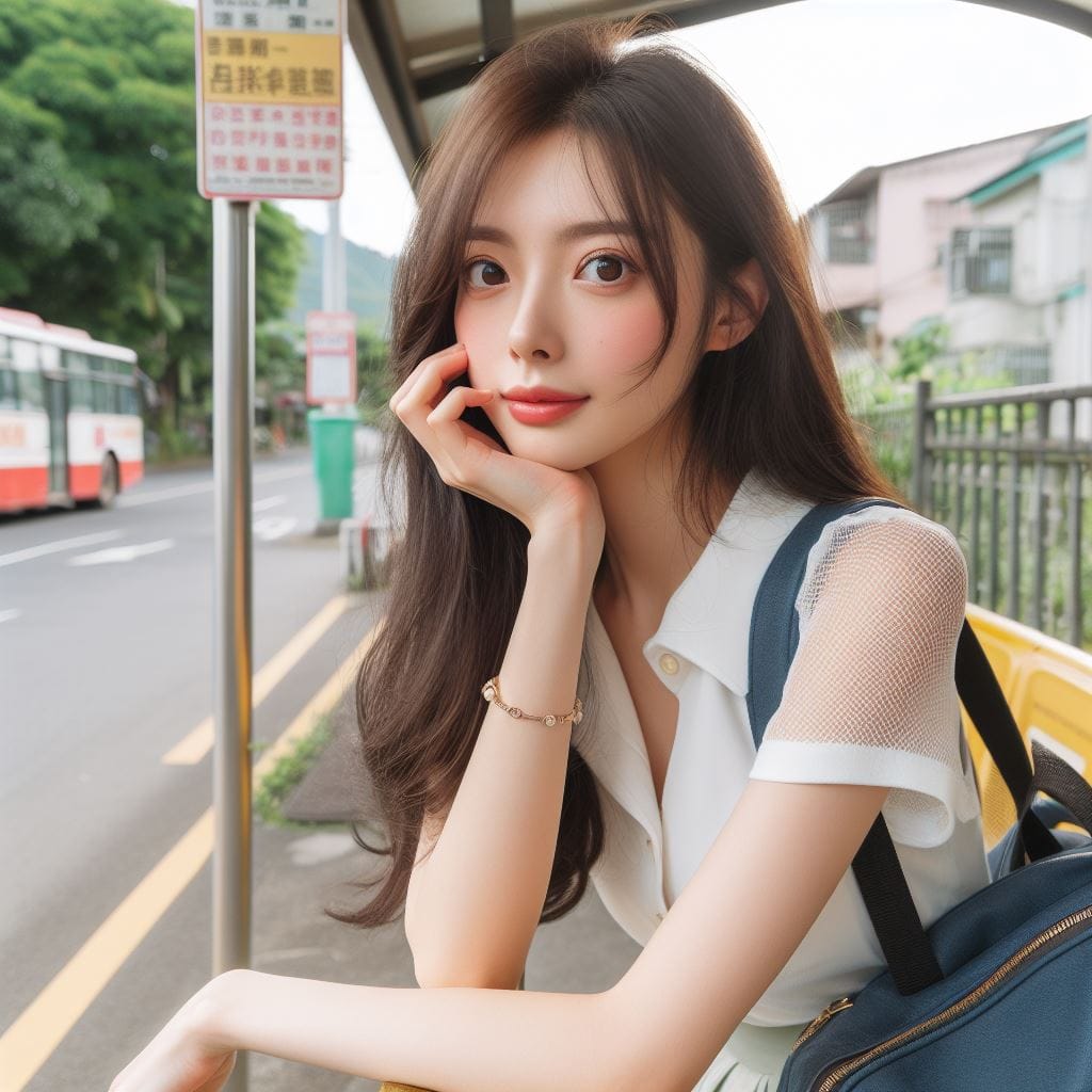 在鄉間的小公車站亭等公車的妹子