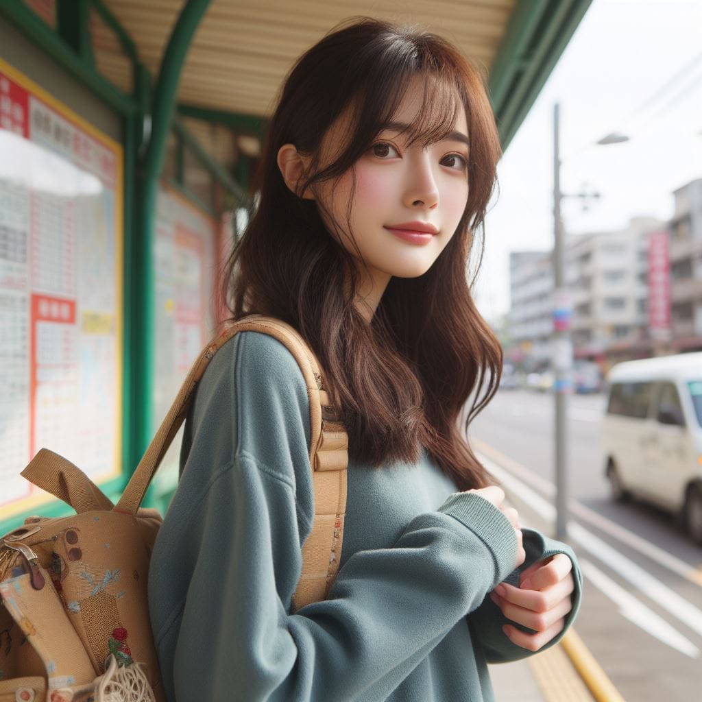 在鄉間的小公車站亭等公車的妹子