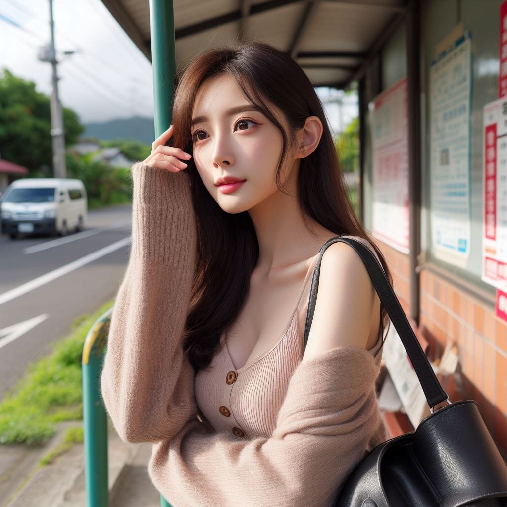 在鄉間的小公車站亭等公車的妹子