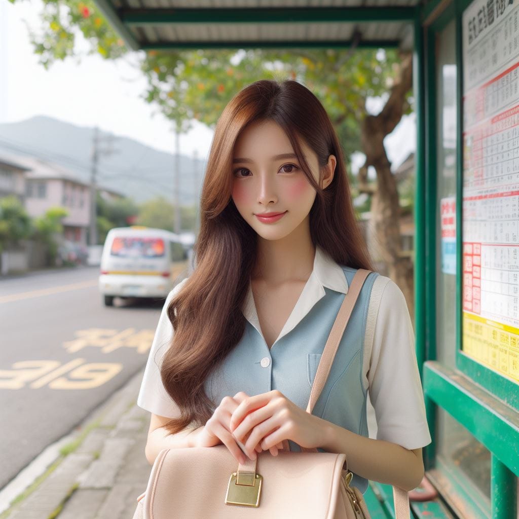 在鄉間的小公車站亭等公車的妹子