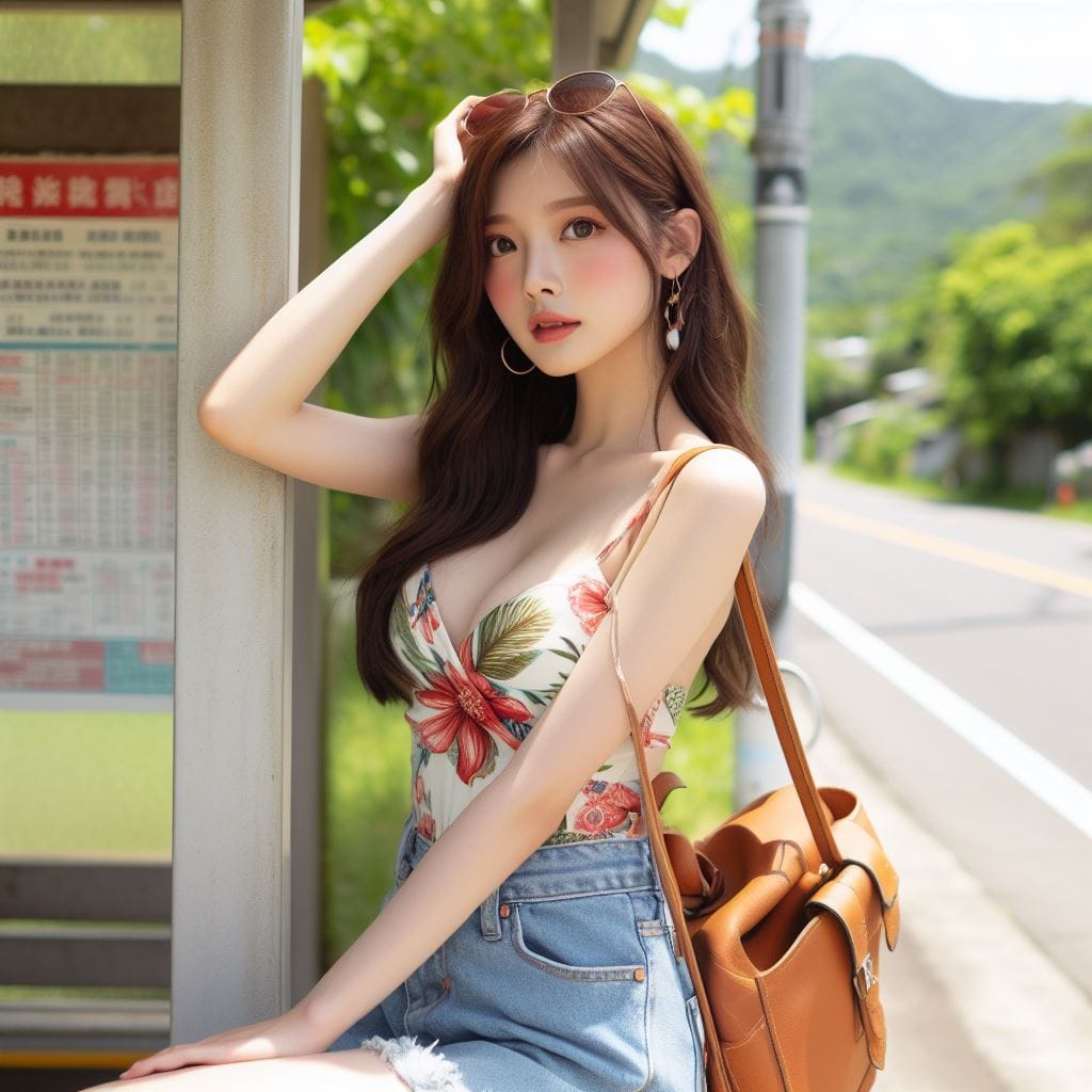 在鄉間的小公車站亭等公車的妹子