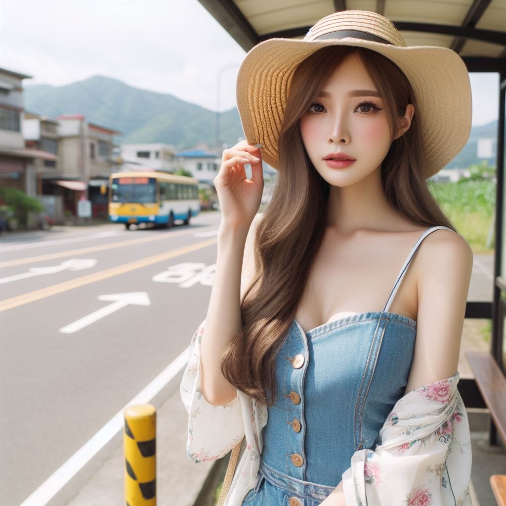 在鄉間的小公車站亭等公車的妹子