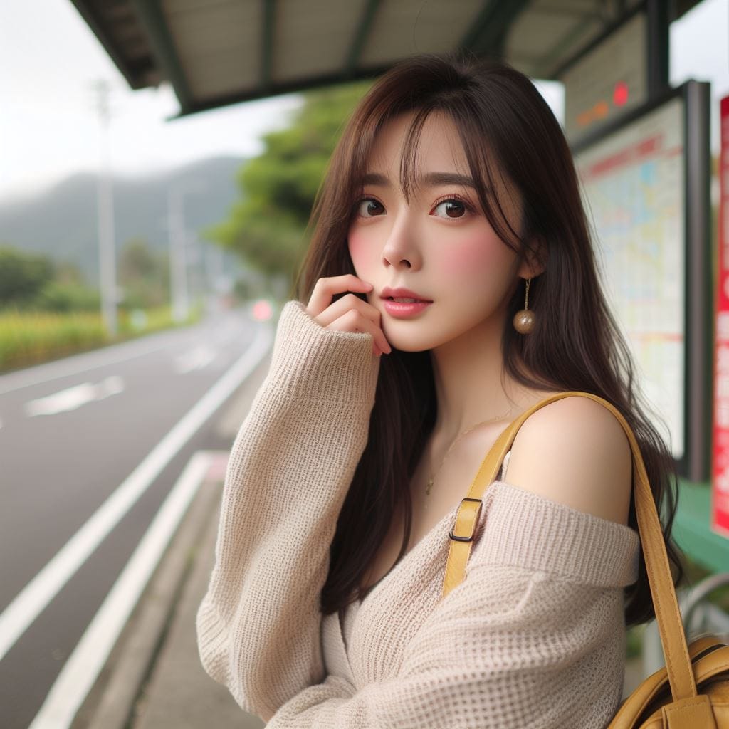在鄉間的小公車站亭等公車的妹子