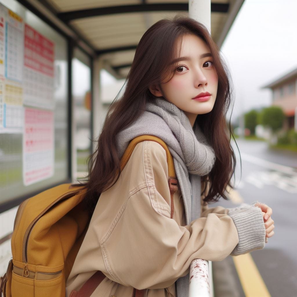 在鄉間的小公車站亭等公車的妹子