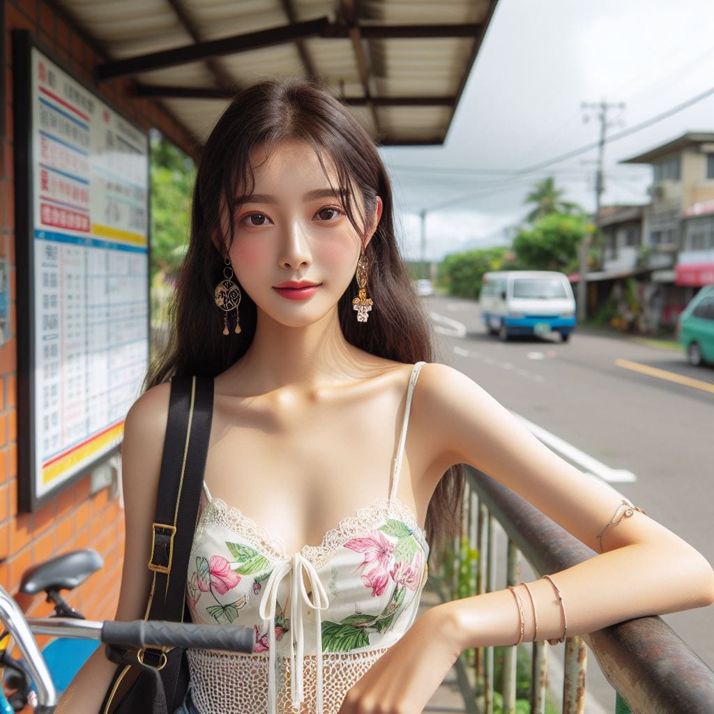 在鄉間的小公車站亭等公車的妹子