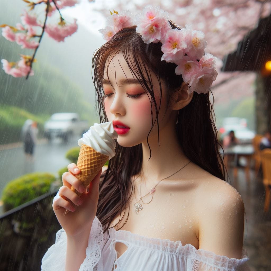 妹子下雨淋雨不爽可還是得吃冰淇淋啊-1