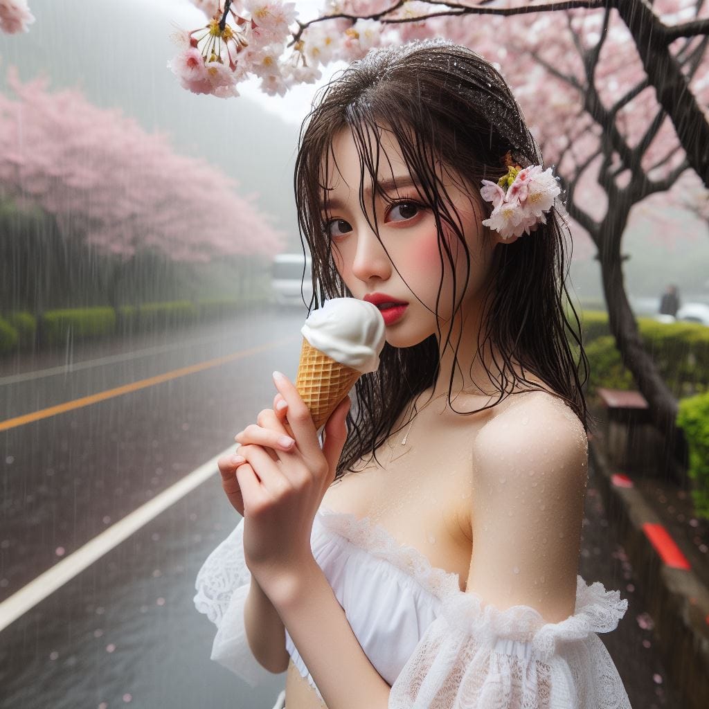 妹子下雨淋雨不爽可還是得吃冰淇淋啊-1
