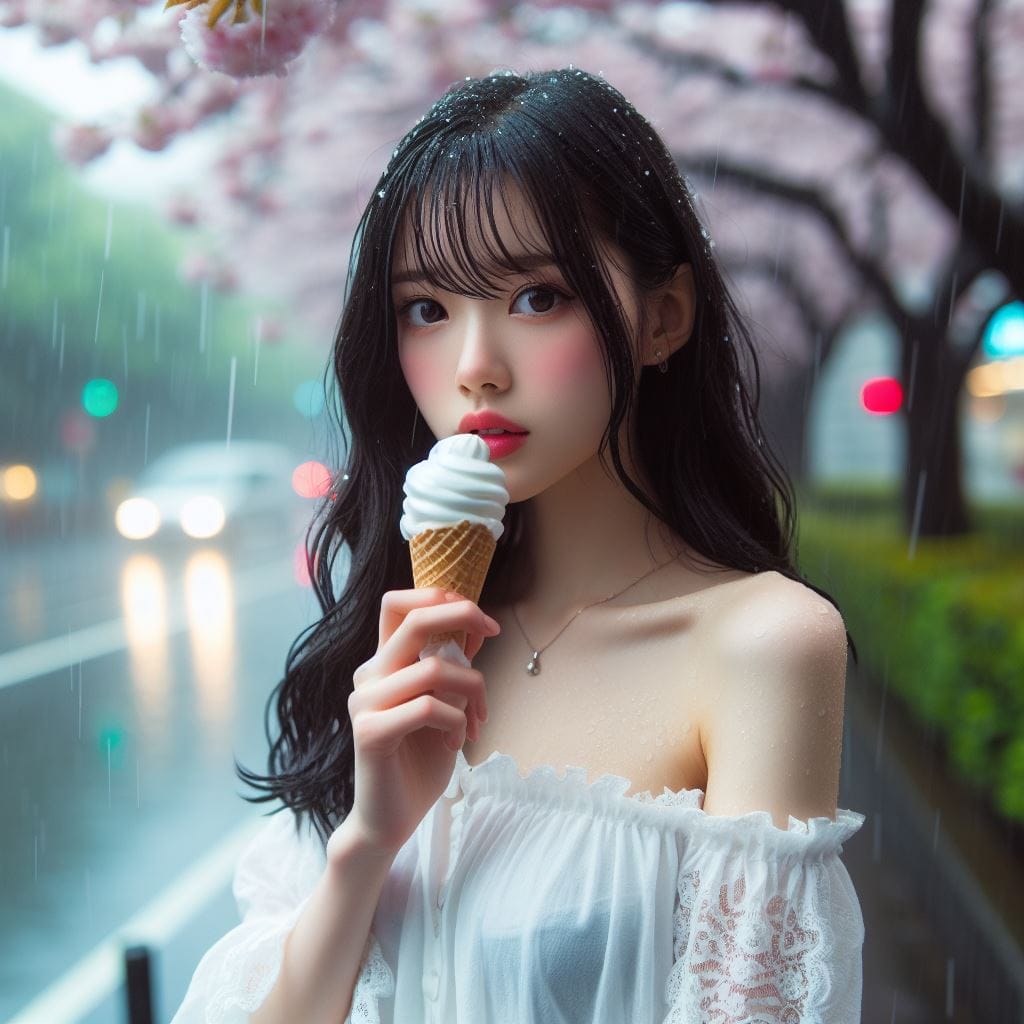 妹子下雨淋雨不爽可還是得吃冰淇淋啊-1