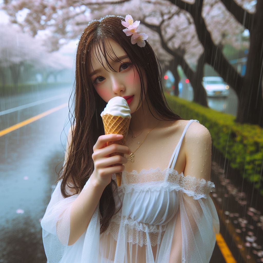 妹子下雨淋雨不爽可還是得吃冰淇淋啊-1