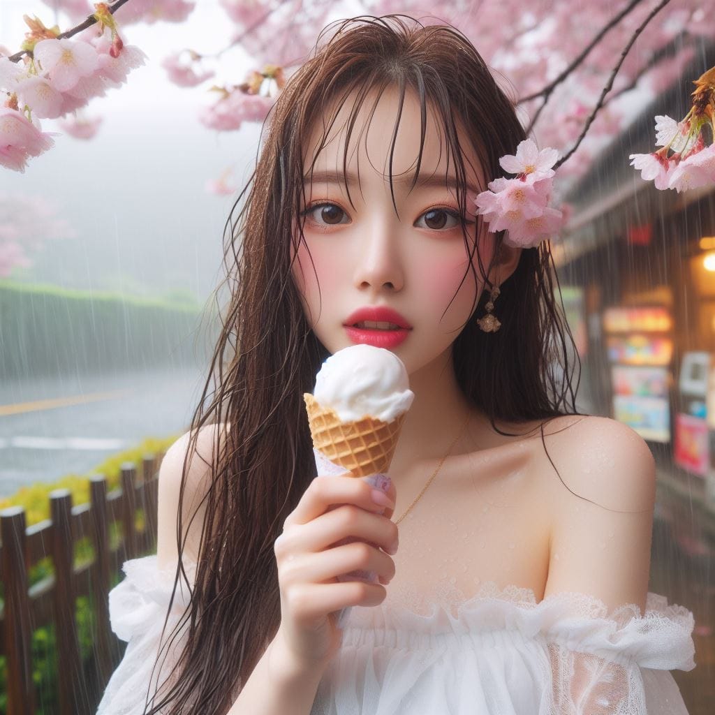 妹子下雨淋雨不爽可還是得吃冰淇淋啊-1
