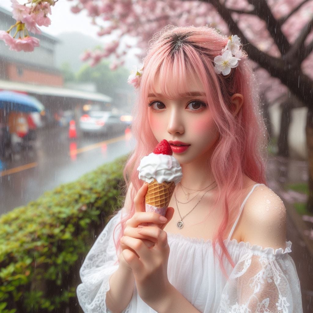 妹子下雨淋雨不爽可還是得吃冰淇淋啊-1