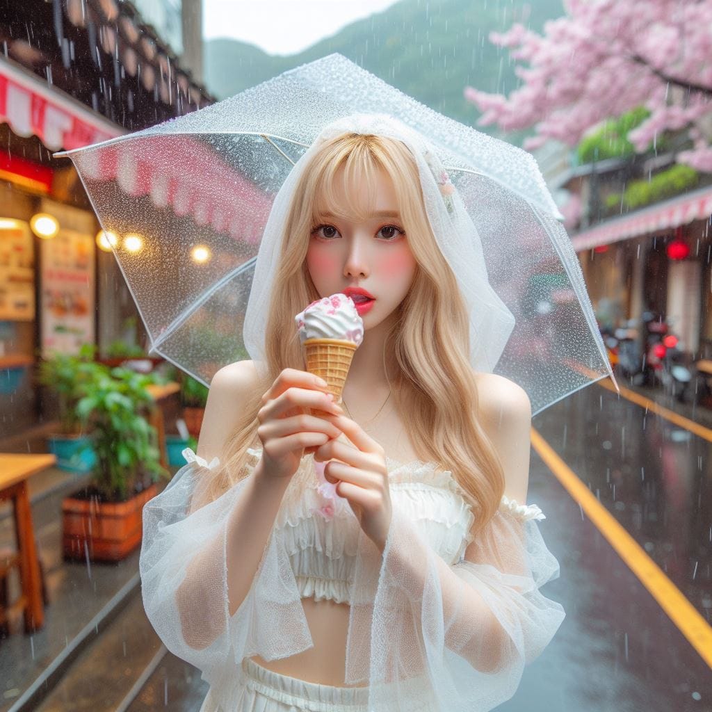 妹子下雨淋雨不爽可還是得吃冰淇淋啊-1
