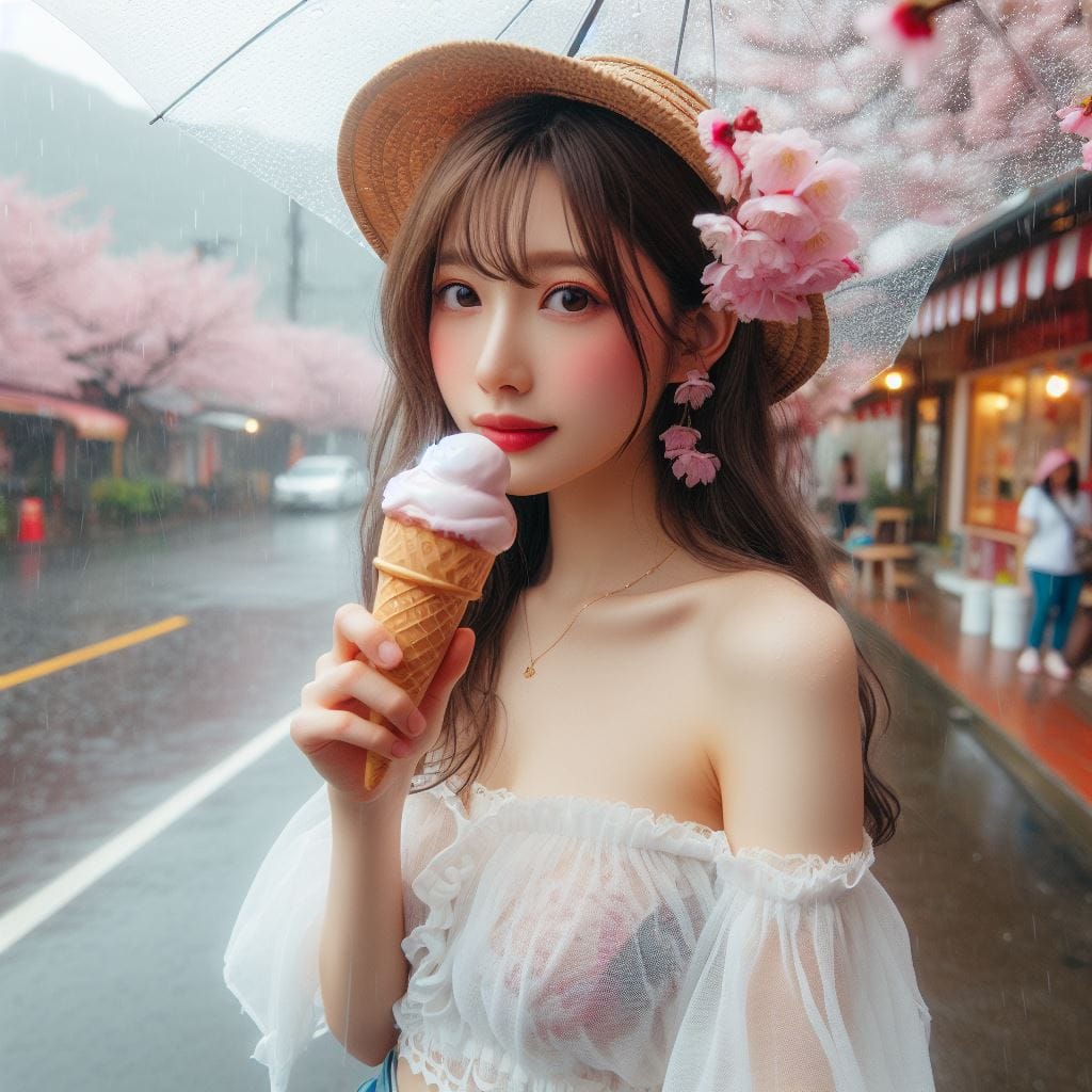 妹子下雨淋雨不爽可還是得吃冰淇淋啊-1