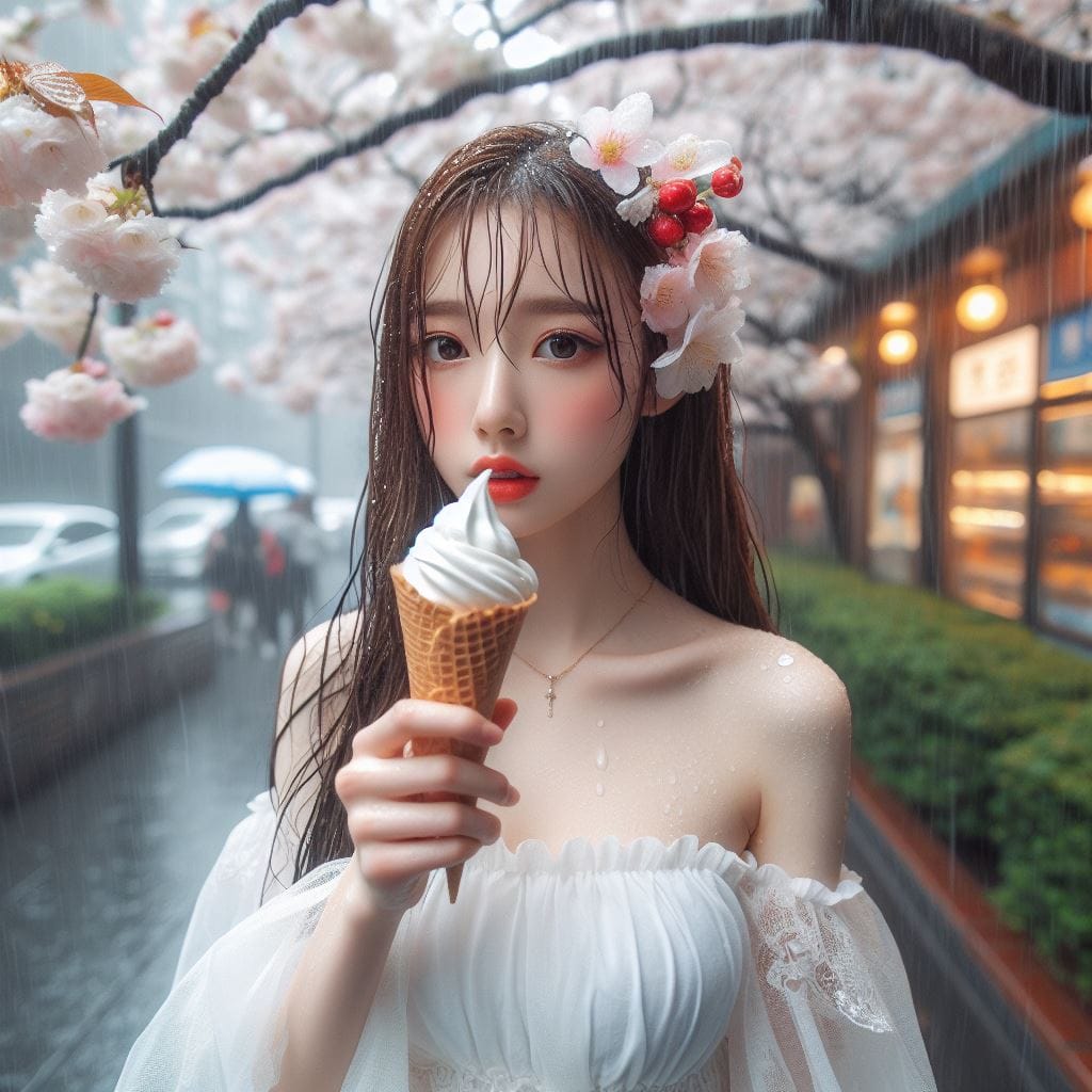 妹子下雨淋雨不爽可還是得吃冰淇淋啊-1