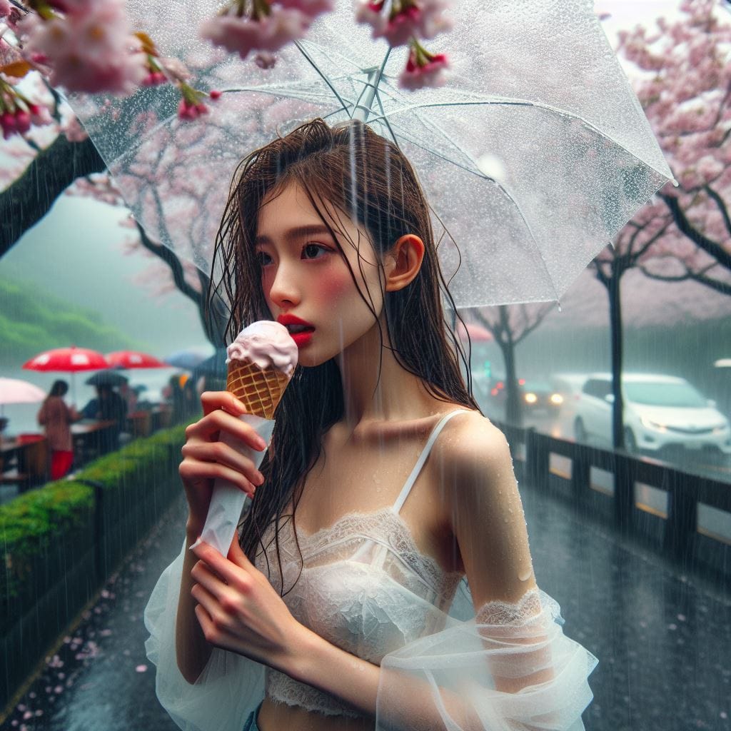 妹子下雨淋雨不爽可還是得吃冰淇淋啊2