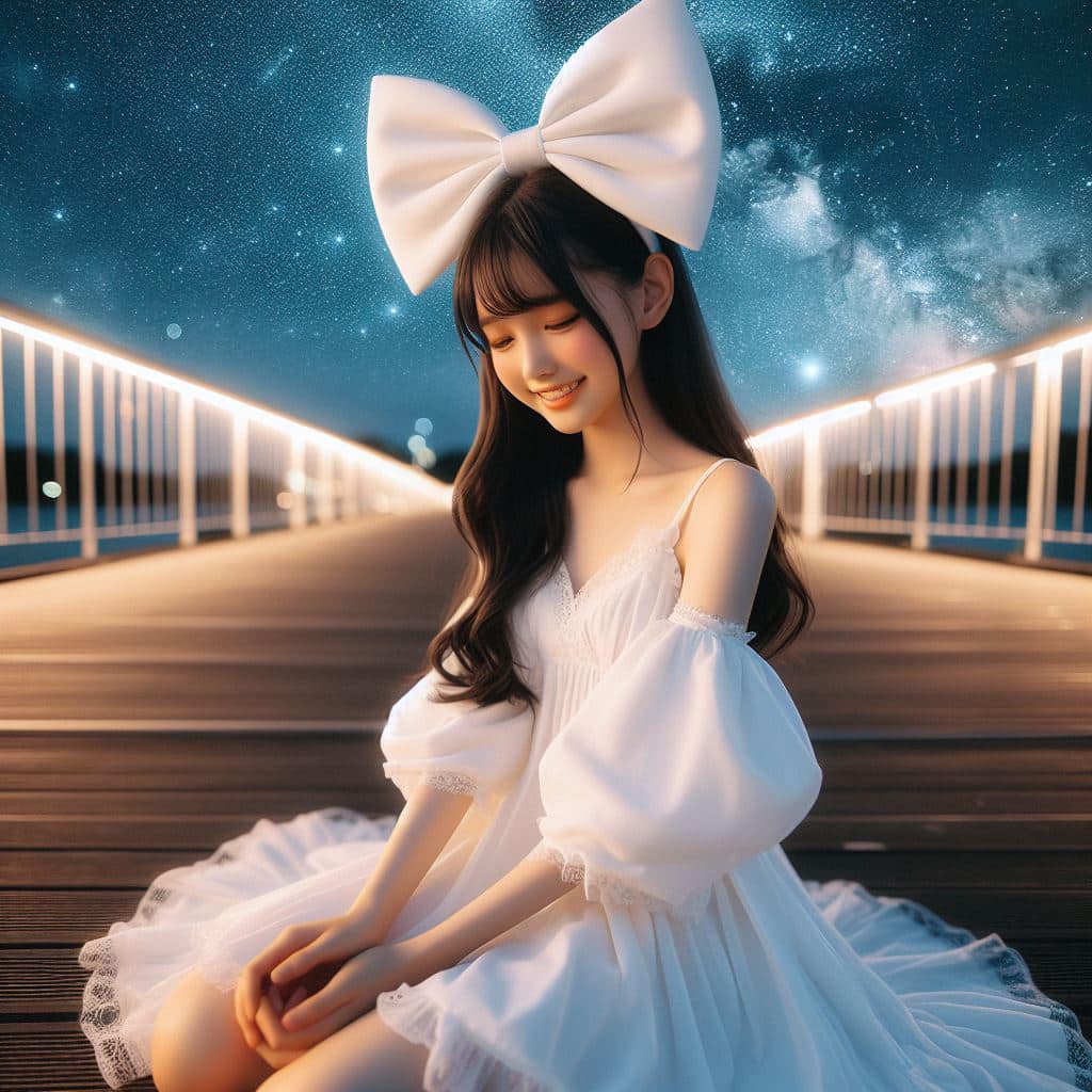 身穿白色洋裝．綁大蝴蝶結的妹子