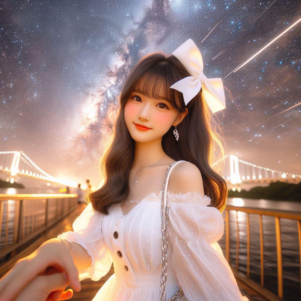 身穿白色洋裝．綁大蝴蝶結的妹子