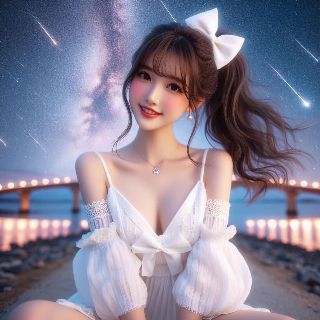 身穿白色洋裝．綁大蝴蝶結的妹子