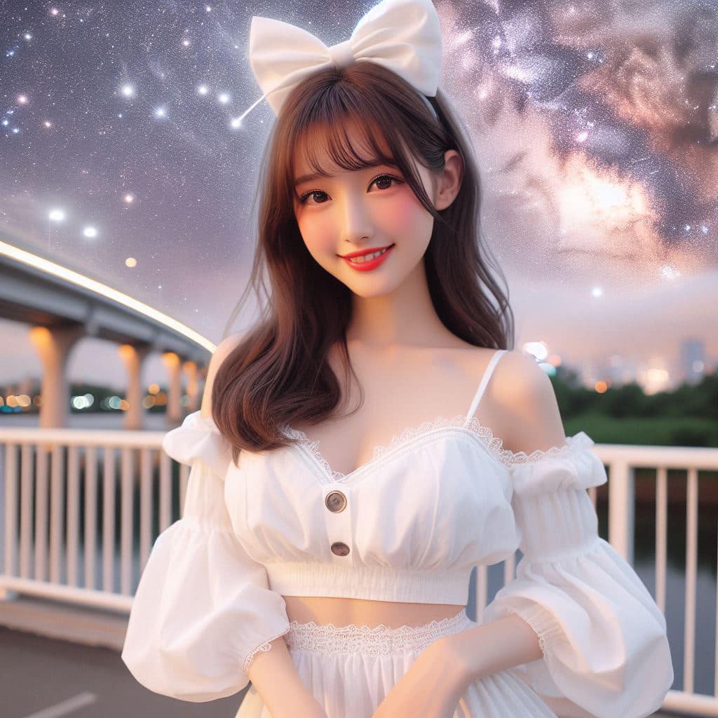 身穿白色洋裝．綁大蝴蝶結的妹子