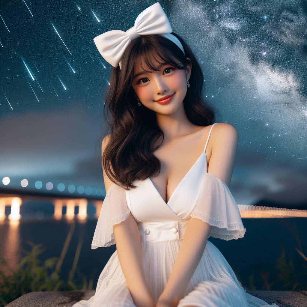 身穿白色洋裝．綁大蝴蝶結的妹子