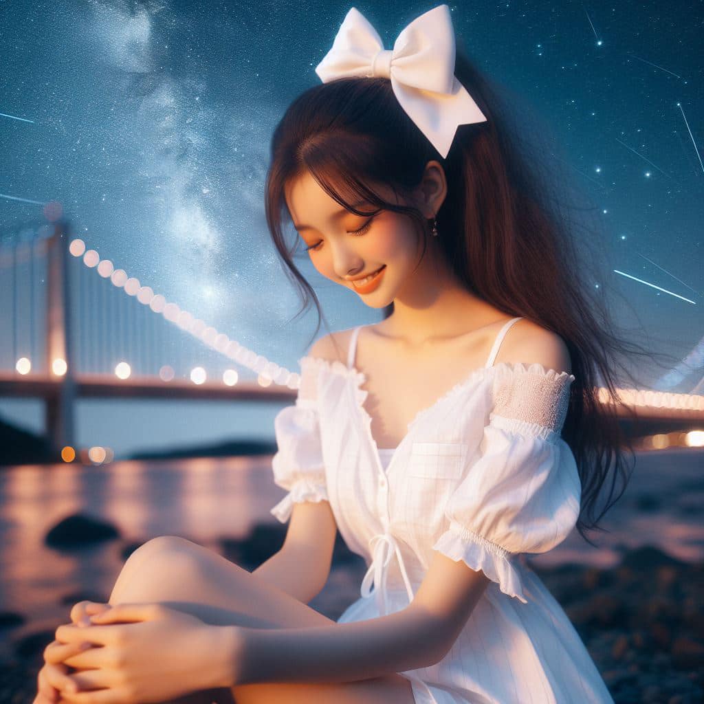 身穿白色洋裝．綁大蝴蝶結的妹子