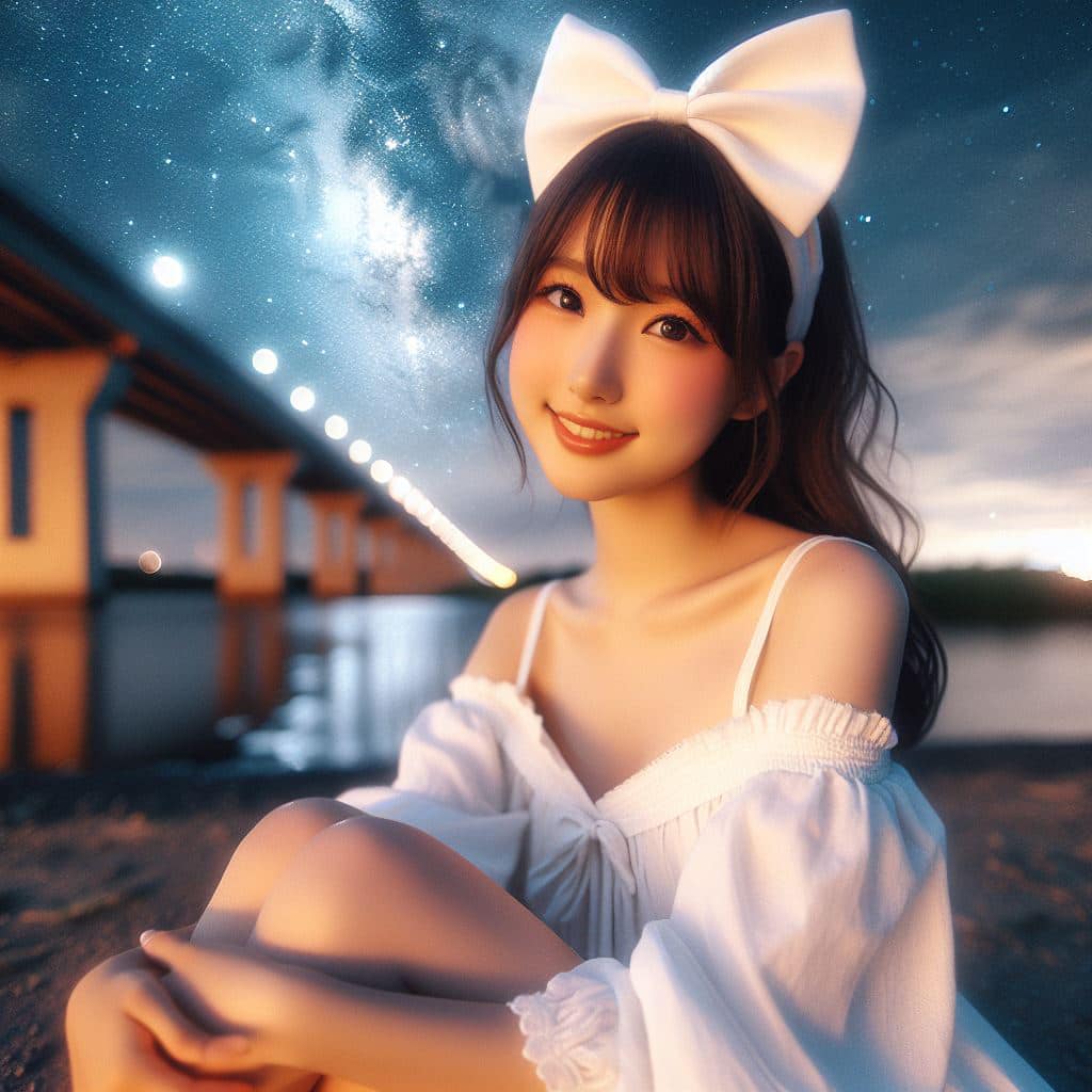 身穿白色洋裝．綁大蝴蝶結的妹子