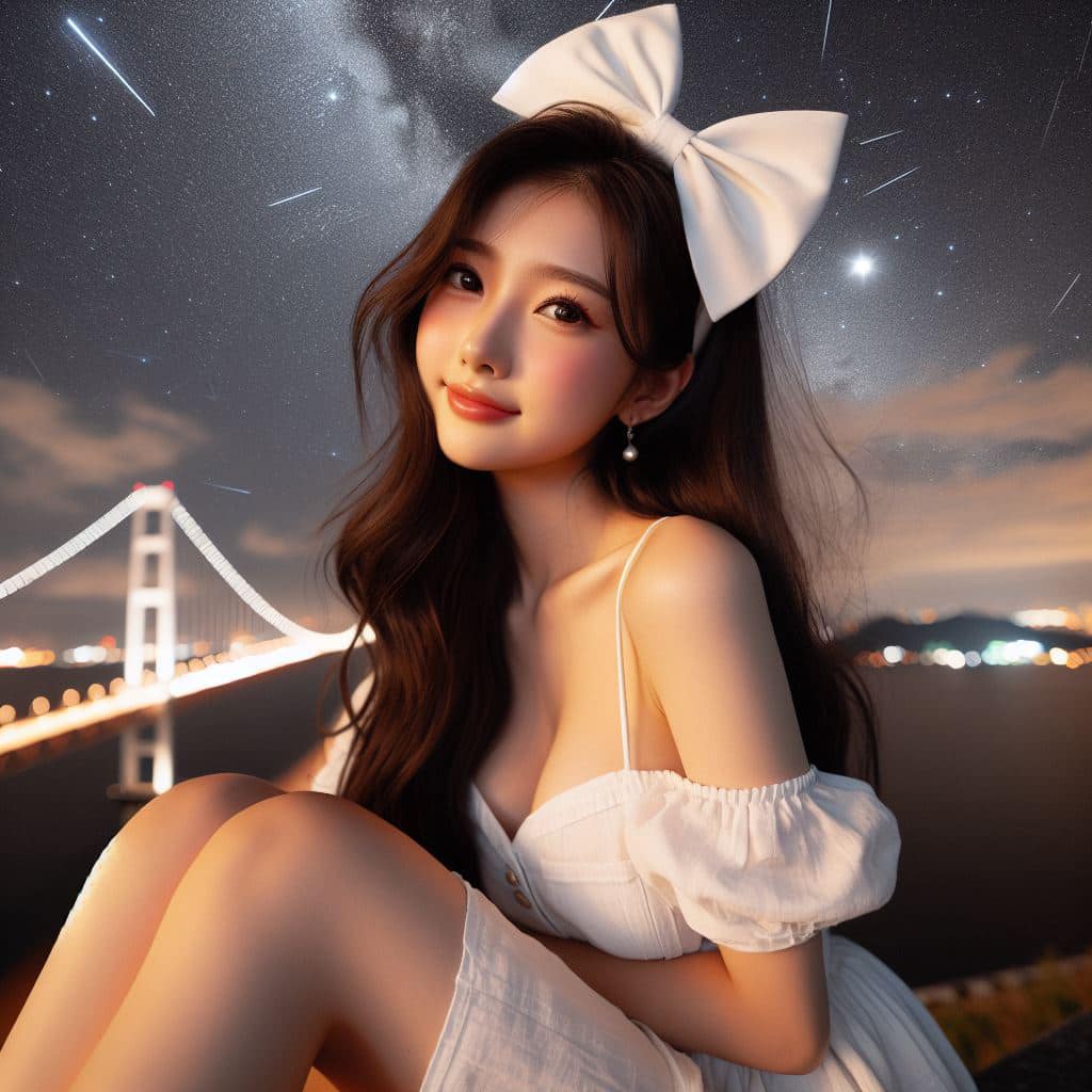 身穿白色洋裝．綁大蝴蝶結的妹子