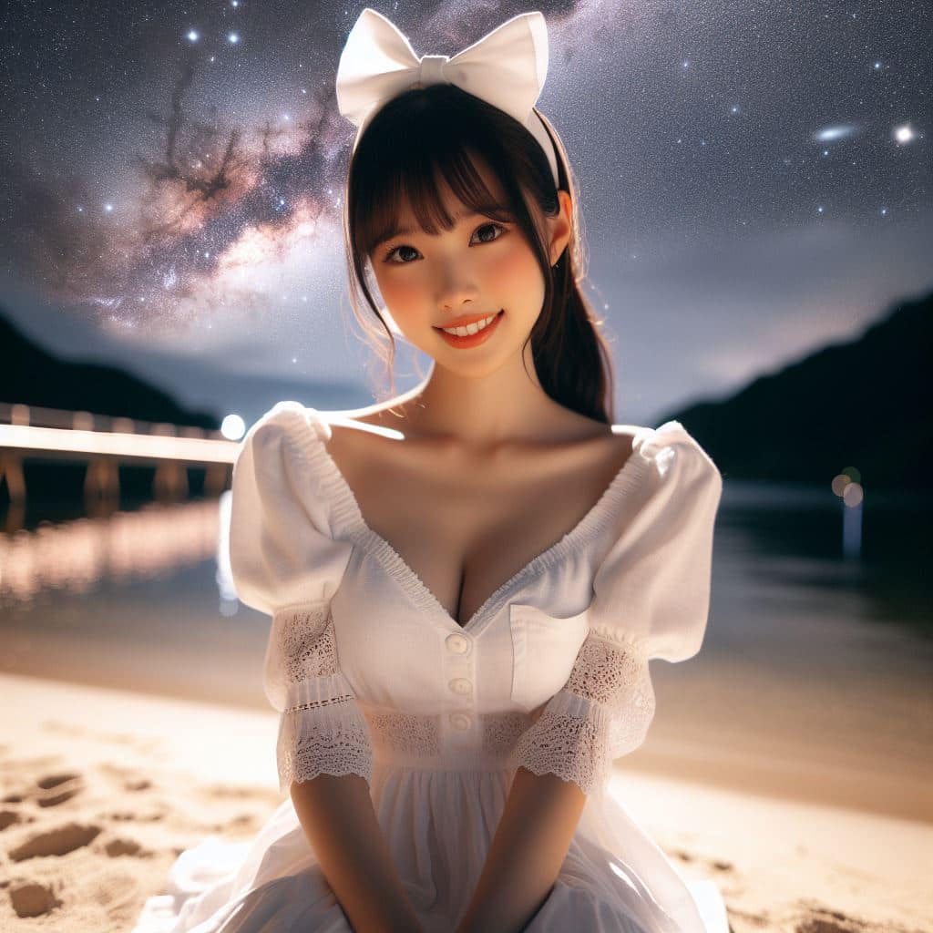 身穿白色洋裝．綁大蝴蝶結的妹子