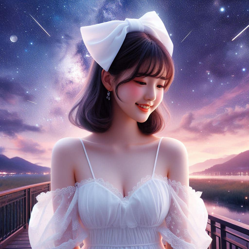 身穿白色洋裝．綁大蝴蝶結的妹子