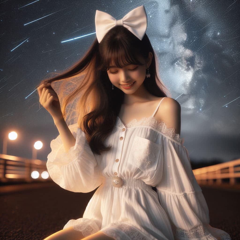 身穿白色洋裝．綁大蝴蝶結的妹子