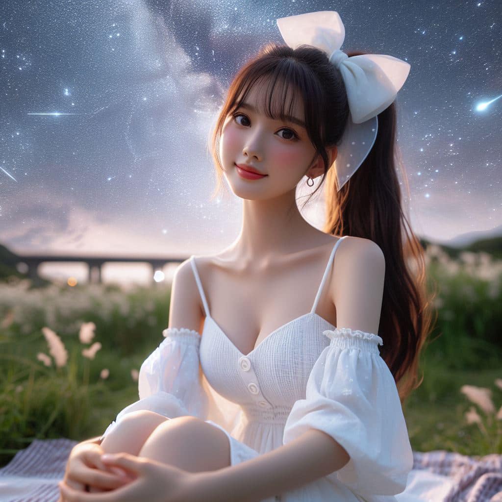 身穿白色洋裝．綁大蝴蝶結的妹子