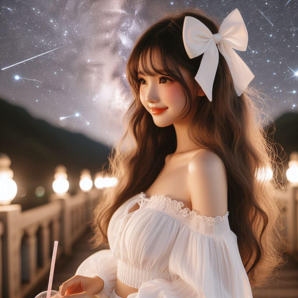 身穿白色洋裝．綁大蝴蝶結的妹子