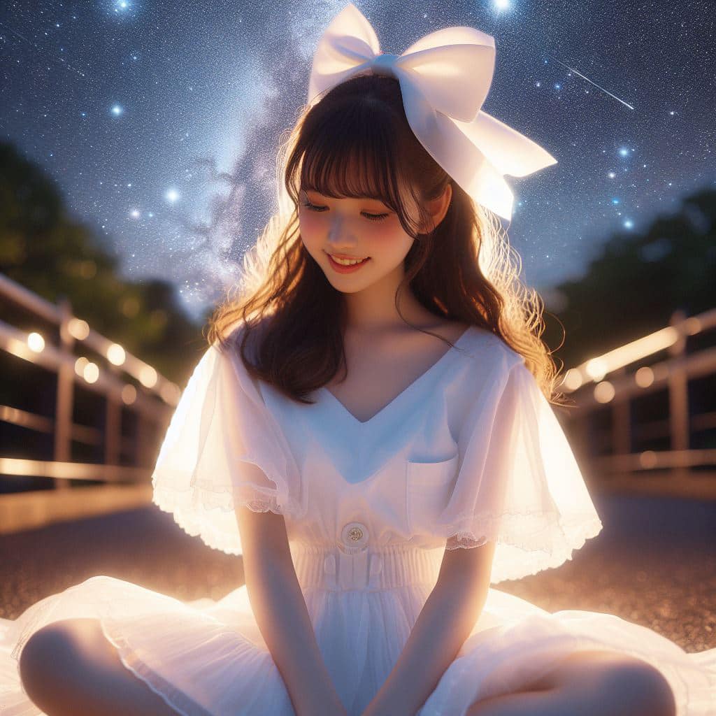 身穿白色洋裝．綁大蝴蝶結的妹子