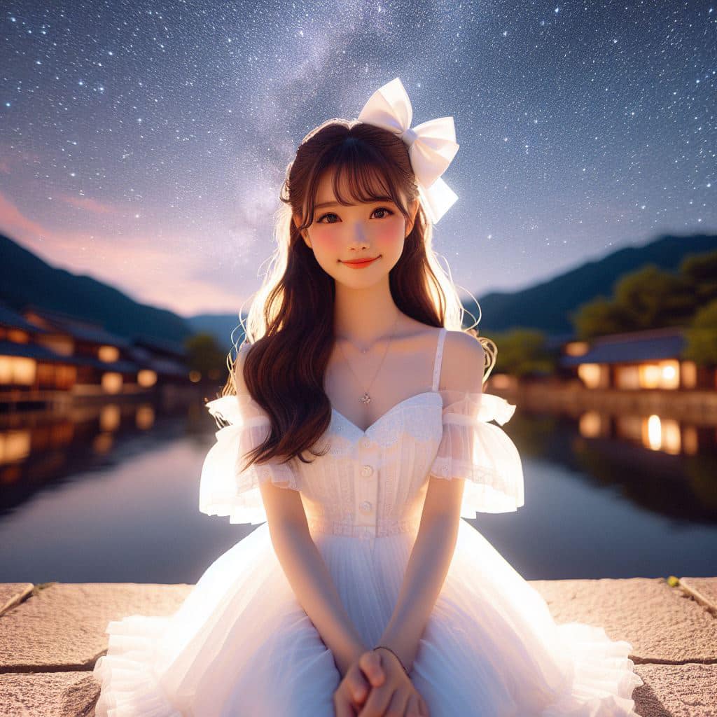 身穿白色洋裝．綁大蝴蝶結的妹子