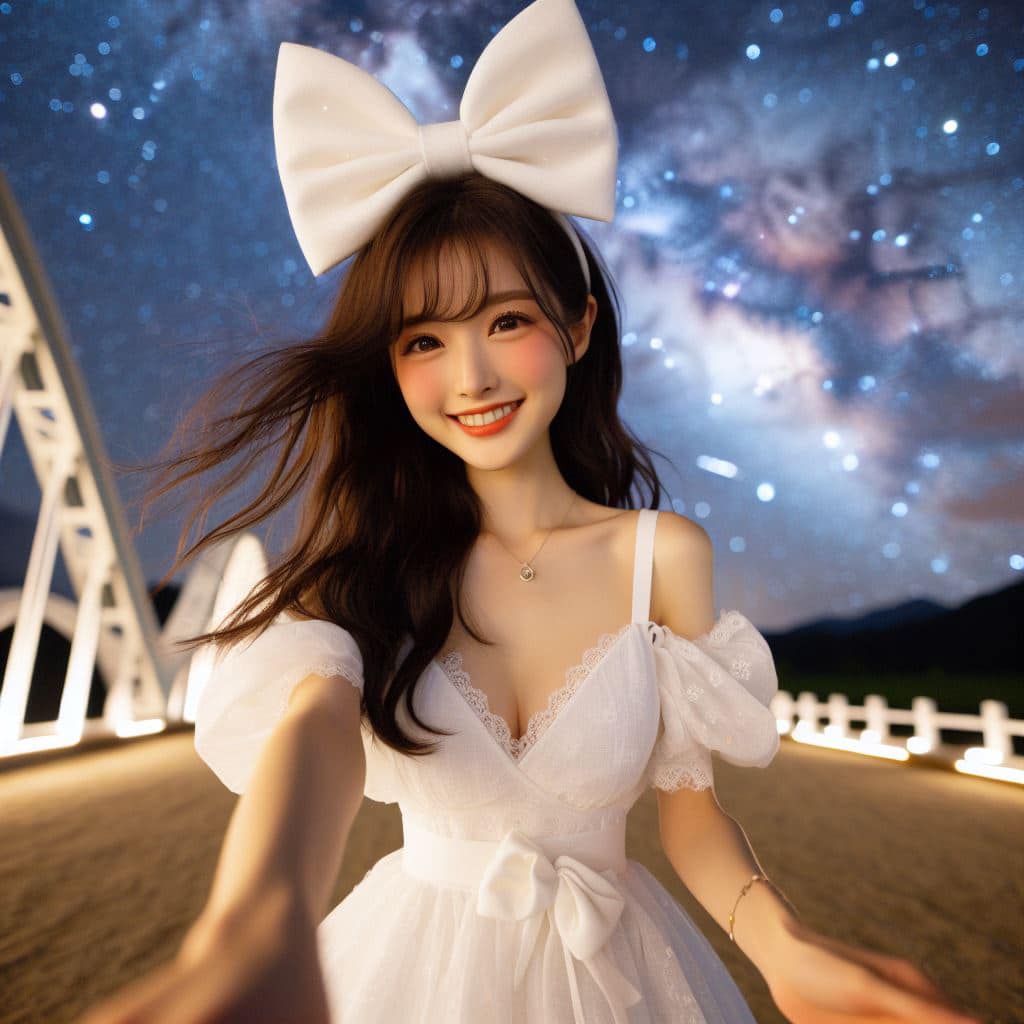 身穿白色洋裝．綁大蝴蝶結的妹子