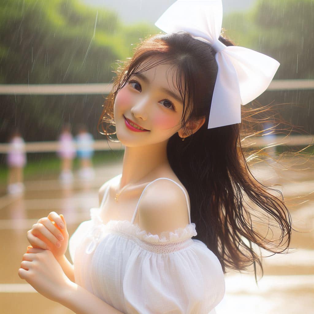 身穿白色洋裝．綁大蝴蝶結的妹子