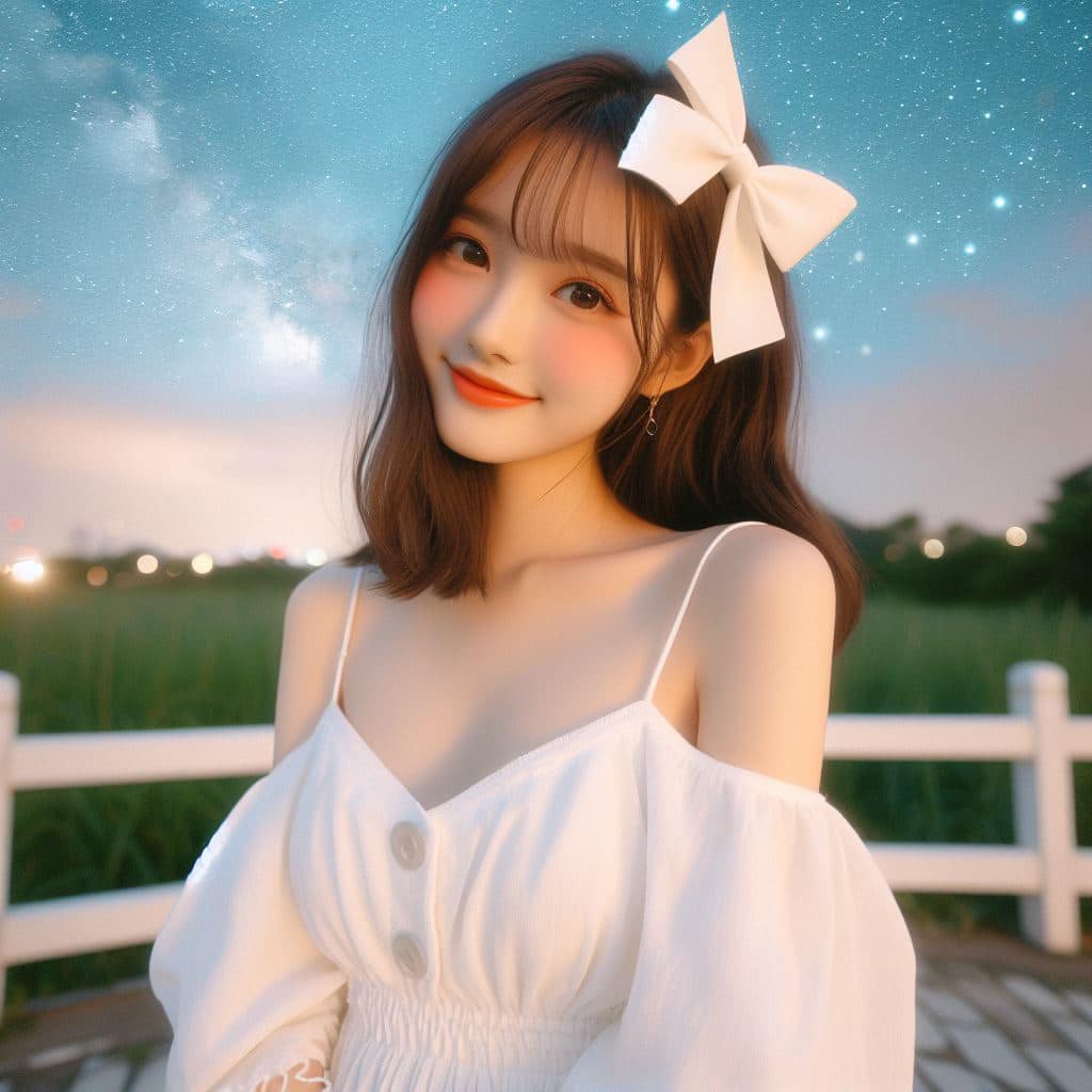 身穿白色洋裝．綁大蝴蝶結的妹子