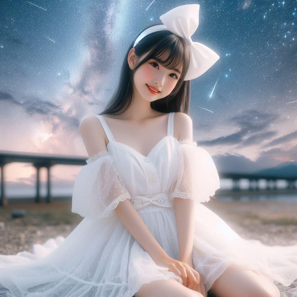 身穿白色洋裝．綁大蝴蝶結的妹子