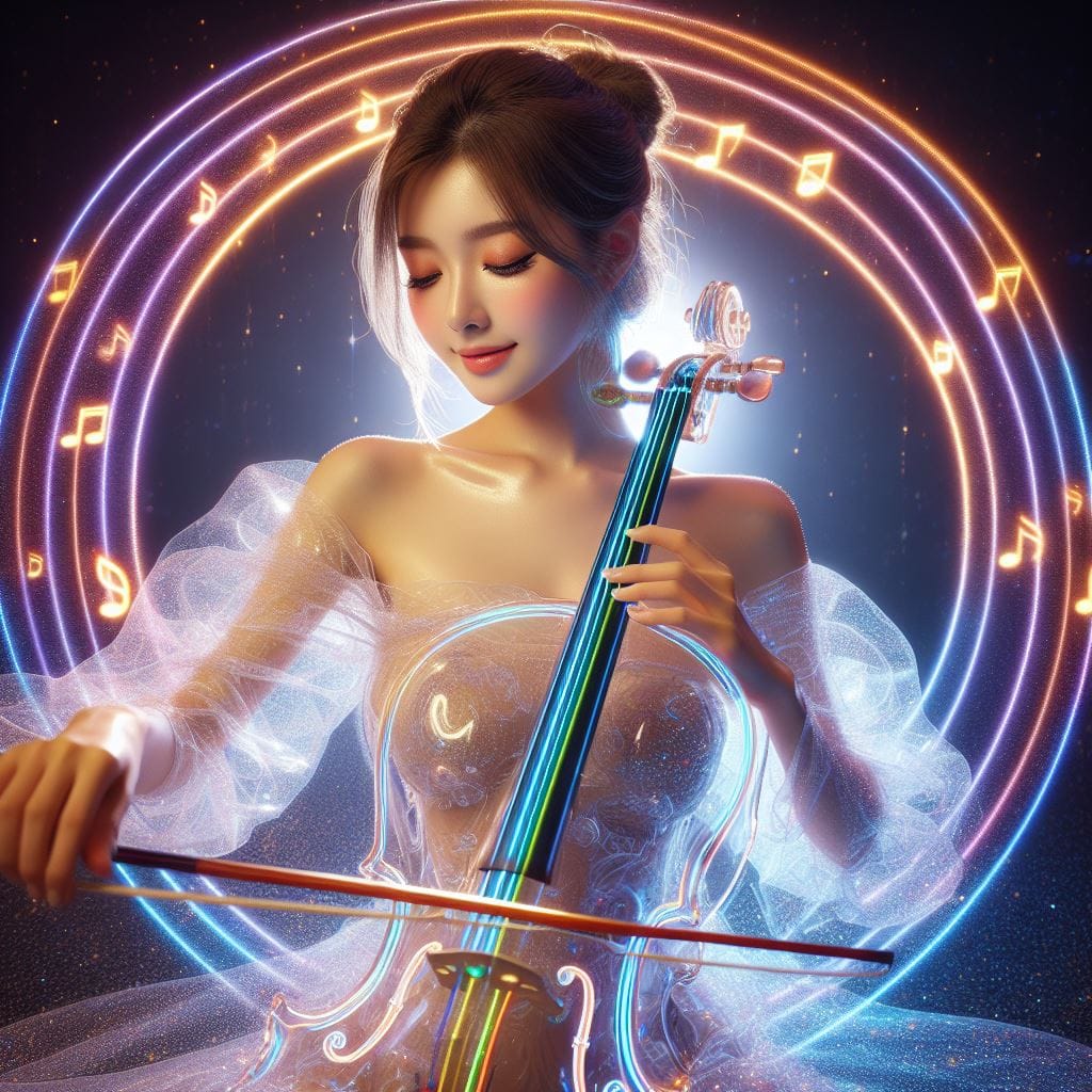 節奏女神．在寧靜的背景下．散發出柔和的彩色音符