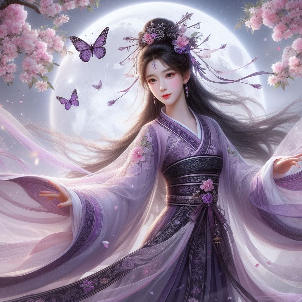 一位美麗的少女穿著傳統服飾在月下翩翩起舞
