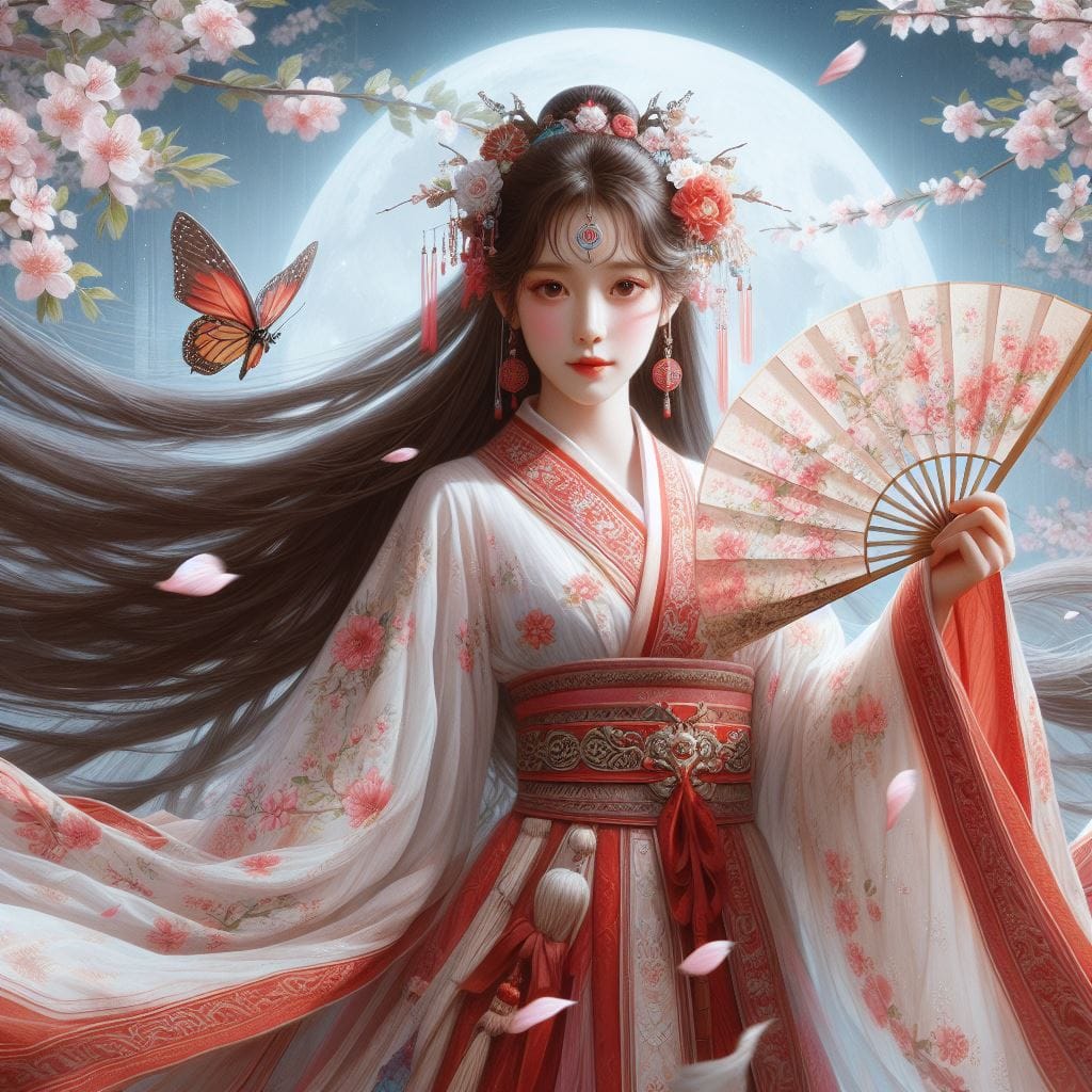 一位美麗的少女穿著傳統服飾在月下翩翩起舞