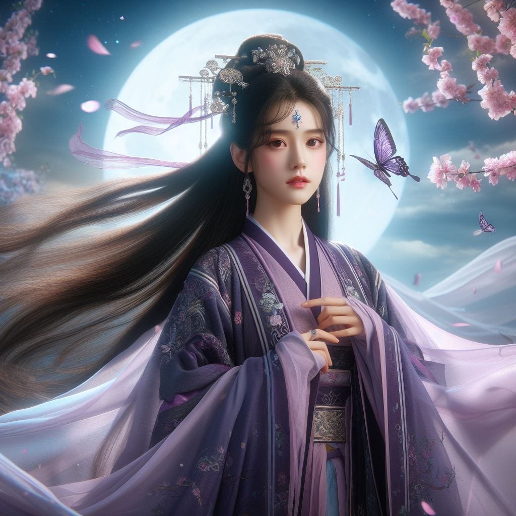 一位美麗的少女穿著傳統服飾在月下翩翩起舞