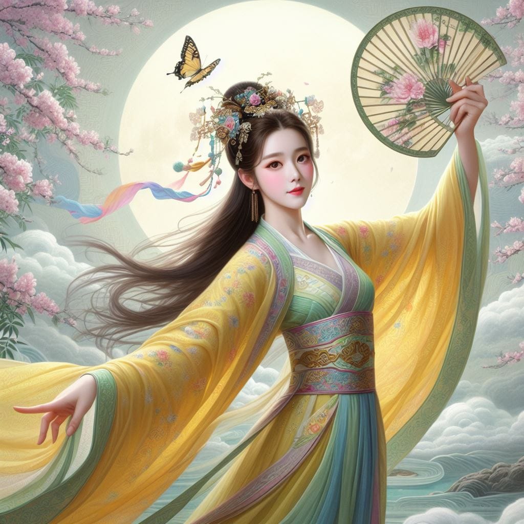 一位美麗的少女穿著傳統服飾在月下翩翩起舞