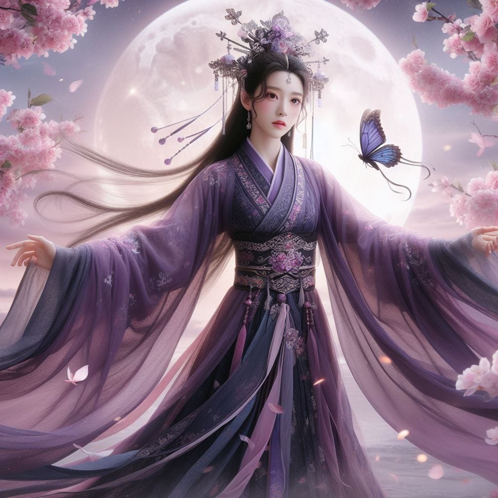 一位美麗的少女穿著傳統服飾在月下翩翩起舞