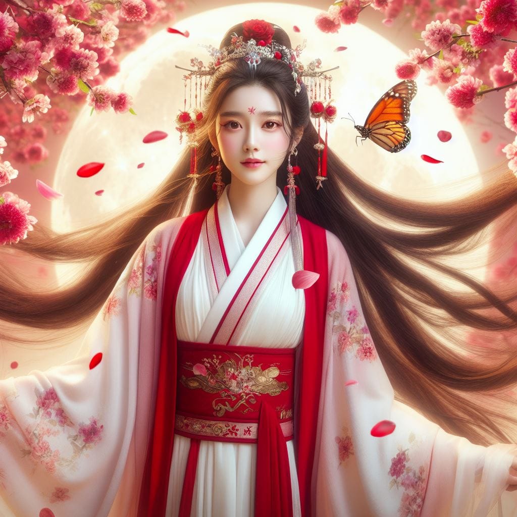 一位美麗的少女穿著傳統服飾在月下翩翩起舞